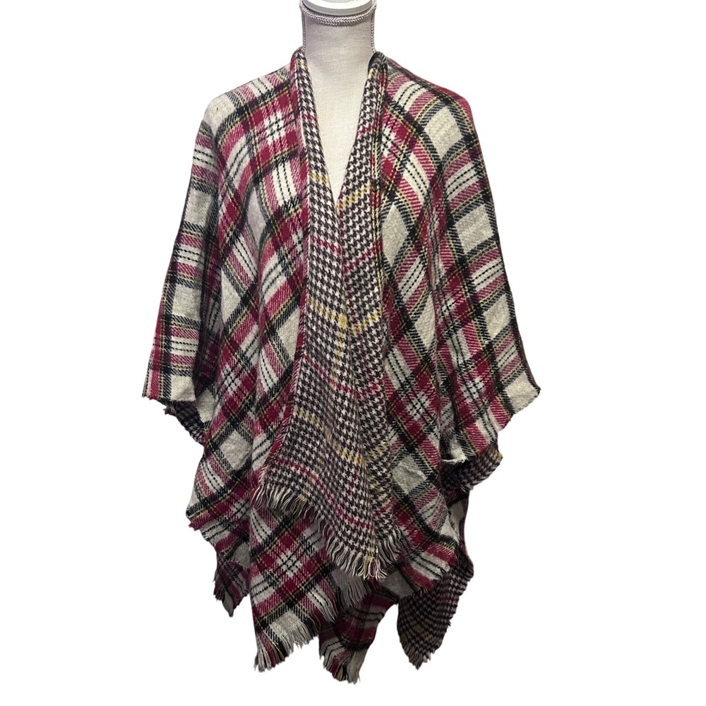 Massini Reversible Plaid Houndstooth Acrylic Poncho Wrap Scarf Shawl Fall‎